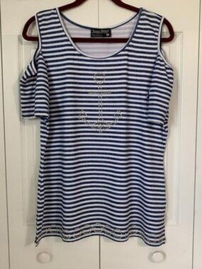 Tango Mango Women's Cold Shoulder Stripe Tunic T-Shirt with Rhinestones
